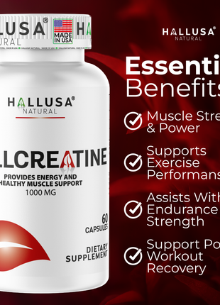 Hallusa Natural - Creatine Monohydrate capsules 1000mg - Muscle Endurance - Muscle Recovery - Muscle Mass - Exercise Supplement