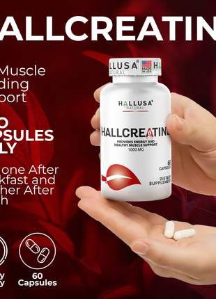 Hallusa Natural - Creatine Monohydrate capsules 1000mg - Muscle Endurance - Muscle Recovery - Muscle Mass - Exercise Supplement