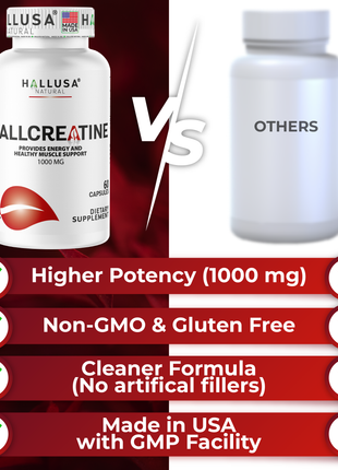 Hallusa Natural - Creatine Monohydrate capsules 1000mg - Muscle Endurance - Muscle Recovery - Muscle Mass - Exercise Supplement
