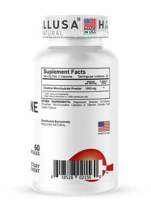 Hallusa Natural - Creatine Monohydrate capsules 1000mg - Muscle Endurance - Muscle Recovery - Muscle Mass - Exercise Supplement