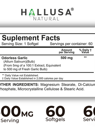 Hallusa Natural - Garlic Odorless capsules 500mg | Max Strength Allium Sativum Softgels for Cholesterol & Cardiovascular Health | Immune Support | 60 Count