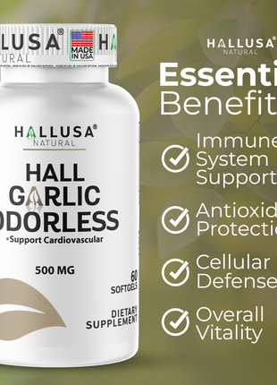 Hallusa Natural - Garlic Odorless capsules 500mg | Max Strength Allium Sativum Softgels for Cholesterol & Cardiovascular Health | Immune Support | 60 Count