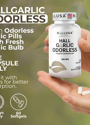 Hallusa Natural - Garlic Odorless capsules 500mg | Max Strength Allium Sativum Softgels for Cholesterol & Cardiovascular Health | Immune Support | 60 Count