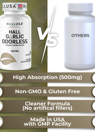 Hallusa Natural - Garlic Odorless capsules 500mg | Max Strength Allium Sativum Softgels for Cholesterol & Cardiovascular Health | Immune Support | 60 Count