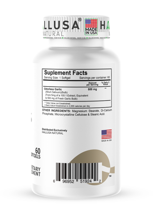 Hallusa Natural - Garlic Odorless capsules 500mg | Max Strength Allium Sativum Softgels for Cholesterol & Cardiovascular Health | Immune Support | 60 Count