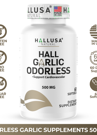 Hallusa Natural - Garlic Odorless capsules 500mg | Max Strength Allium Sativum Softgels for Cholesterol & Cardiovascular Health | Immune Support | 60 Count