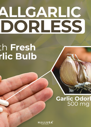 Hallusa Natural - Garlic Odorless capsules 500mg | Max Strength Allium Sativum Softgels for Cholesterol & Cardiovascular Health | Immune Support | 60 Count