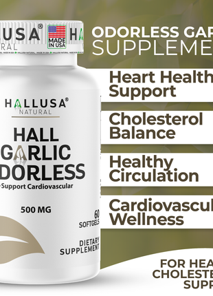 Hallusa Natural - Garlic Odorless capsules 500mg | Max Strength Allium Sativum Softgels for Cholesterol & Cardiovascular Health | Immune Support | 60 Count