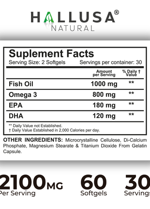 Hallusa Natural - Omega 3 Fish Oil 1000mg – EPA 180mg DHA 120mg – Omega 3 Fatty Acids Supplement – Heart, Eye & Joint Support – 60 Softgels
