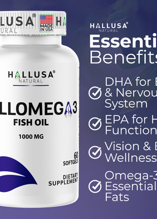 Hallusa Natural - Omega 3 Fish Oil 1000mg – EPA 180mg DHA 120mg – Omega 3 Fatty Acids Supplement – Heart, Eye & Joint Support – 60 Softgels