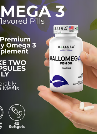 Hallusa Natural - Omega 3 Fish Oil 1000mg – EPA 180mg DHA 120mg – Omega 3 Fatty Acids Supplement – Heart, Eye & Joint Support – 60 Softgels