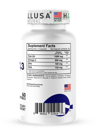 Hallusa Natural - Omega 3 Fish Oil 1000mg – EPA 180mg DHA 120mg – Omega 3 Fatty Acids Supplement – Heart, Eye & Joint Support – 60 Softgels