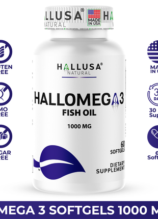 Hallusa Natural - Omega 3 Fish Oil 1000mg – EPA 180mg DHA 120mg – Omega 3 Fatty Acids Supplement – Heart, Eye & Joint Support – 60 Softgels