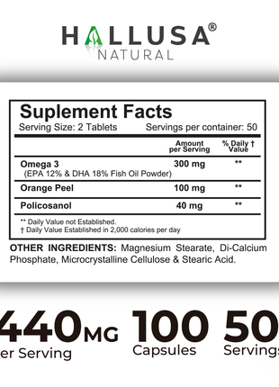 Halltriglic - Omega 3 Fish Oil - DHA 18% EPA 12% - Cholesterol Supplements - Omega 3 Fatty Acids - Blood Pressure Supplements - 100 - Hallusa Natural