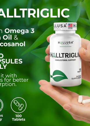 Halltriglic - Omega 3 Fish Oil - DHA 18% EPA 12% - Cholesterol Supplements - Omega 3 Fatty Acids - Blood Pressure Supplements - 100 - Hallusa Natural