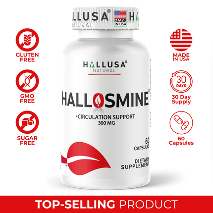 Hallusa Natural | Hallosmine Diosmin 300mg | Circulation & Vein Support Supplement | Leg Circulation, Varicose Veins, Blood Flow, Lymphatic Drainage Support | Blood Circulation Supplement | 60 Capsules