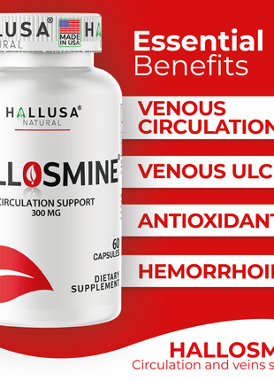 Hallosmine 300mg Diosmin Circulation - Support for Circulation & Veins - Heavy Legs - Diosmin – Diosmine - Diosmina - Circulation & Vein Support Supplement - 60 Capsules - 30 Servings