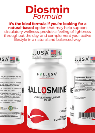 Hallosmine 300mg Diosmin Circulation - Support for Circulation & Veins - Heavy Legs - Diosmin – Diosmine - Diosmina - Circulation & Vein Support Supplement - 60 Capsules - 30 Servings
