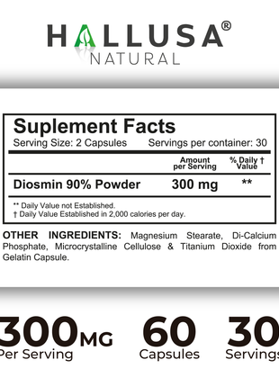 Hallusa Natural | Hallosmine Diosmin 300mg | Circulation & Vein Support Supplement | Leg Circulation, Varicose Veins, Blood Flow, Lymphatic Drainage Support | Blood Circulation Supplement | 60 Capsules