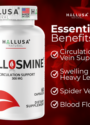 Hallusa Natural | Hallosmine Diosmin 300mg | Circulation & Vein Support Supplement | Leg Circulation, Varicose Veins, Blood Flow, Lymphatic Drainage Support | Blood Circulation Supplement | 60 Capsules
