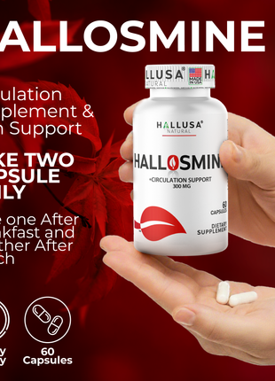 Hallusa Natural | Hallosmine Diosmin 300mg | Circulation & Vein Support Supplement | Leg Circulation, Varicose Veins, Blood Flow, Lymphatic Drainage Support | Blood Circulation Supplement | 60 Capsules