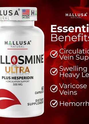 Hallusa Natural - Hallosmine Ultra Diosmin 500mg & Hesperidin 150mg – Heavy Legs, Swelling, Veins & Circulation Support , 60 Capsules