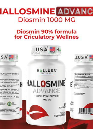 Hallosmine Advance 1000mg Diosmin Capsules – Max Strength Circulation & Vein Support Supplement, Vascular Health, Visible Veins, Spider Veins, Blood Flow, Swelling & Heavy Legs, 60 Capsules