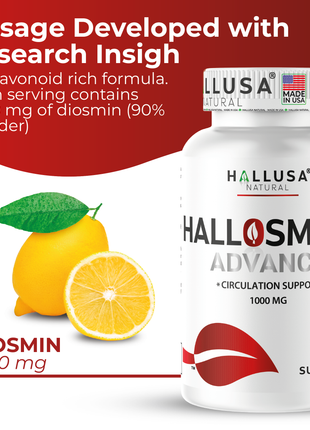 Hallosmine Advance 1000mg Diosmin Capsules – Max Strength Circulation & Vein Support Supplement, Vascular Health, Visible Veins, Spider Veins, Blood Flow, Swelling & Heavy Legs, 60 Capsules