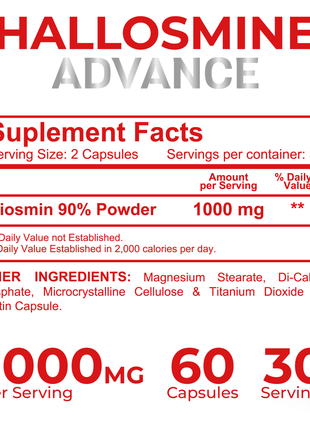 Hallosmine Advance 1000mg Diosmin Capsules – Max Strength Circulation & Vein Support Supplement, Vascular Health, Visible Veins, Spider Veins, Blood Flow, Swelling & Heavy Legs, 60 Capsules