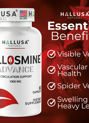 Hallosmine Advance 1000mg Diosmin Capsules – Max Strength Circulation & Vein Support Supplement, Vascular Health, Visible Veins, Spider Veins, Blood Flow, Swelling & Heavy Legs, 60 Capsules