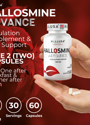 Hallosmine Advance 1000mg Diosmin Capsules – Max Strength Circulation & Vein Support Supplement, Vascular Health, Visible Veins, Spider Veins, Blood Flow, Swelling & Heavy Legs, 60 Capsules