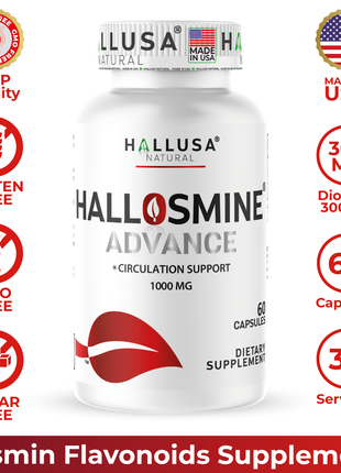 Hallosmine Advance 1000mg Diosmin Capsules – Max Strength Circulation & Vein Support Supplement, Vascular Health, Visible Veins, Spider Veins, Blood Flow, Swelling & Heavy Legs, 60 Capsules