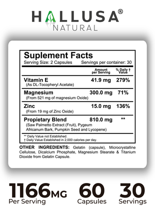 Hallusa Natural HALLPROST Ultra | Prostate Health Supplement for Men | Prostatitis - Inflamed prostate | Frequent Urination | Urinary Tract Function | Saw Palmetto, Lycopene & Pygeum Blend + Zinc, Vitamin E & Magnesium | 60 Capsules