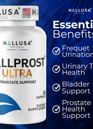 Hallusa Natural HALLPROST Ultra | Prostate Health Supplement for Men | Prostatitis - Inflamed prostate | Frequent Urination | Urinary Tract Function | Saw Palmetto, Lycopene & Pygeum Blend + Zinc, Vitamin E & Magnesium | 60 Capsules