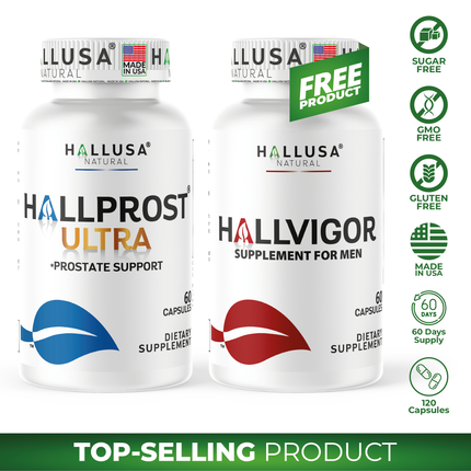 Hallprost Ultra & FREE Hallvigor 120 Capsules - Dietary Supplement For Men - Pygeum, Pumpkin Seeds, Vitamin Prostate Formula - Energy Supplements - HALLUSA NATURAL