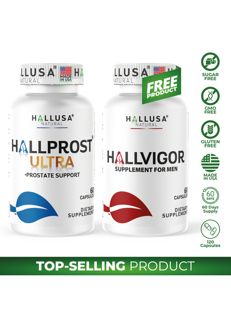 Hallprost Ultra & FREE Hallvigor 120 Capsules - Dietary Supplement For Men - Pygeum, Pumpkin Seeds, Vitamin Prostate Formula - Energy Supplements - HALLUSA NATURAL