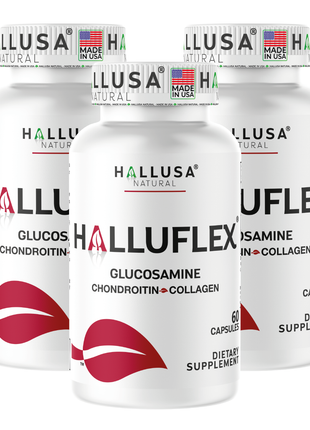 Halluflex - Glucosamine Chondroitin, MSM, Collagen Hydrolyzed - Joint Support Supplement - Women & Men 60 Capsules - Hallusa Natural
