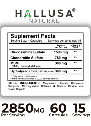 Halluflex - Glucosamine Chondroitin, MSM, Collagen Hydrolyzed - Joint Support Supplement - Women & Men 60 Capsules - Hallusa Natural