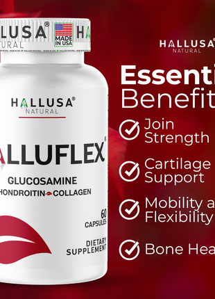Halluflex - Glucosamine Chondroitin, MSM, Collagen Hydrolyzed - Joint Support Supplement - Women & Men 60 Capsules - Hallusa Natural