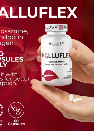 Halluflex - Glucosamine Chondroitin, MSM, Collagen Hydrolyzed - Joint Support Supplement - Women & Men 60 Capsules - Hallusa Natural