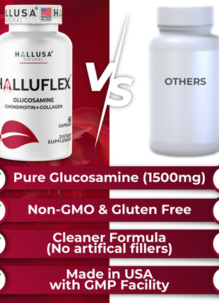 Halluflex - Glucosamine Chondroitin, MSM, Collagen Hydrolyzed - Joint Support Supplement - Women & Men 60 Capsules - Hallusa Natural