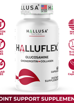 Halluflex - Glucosamine Chondroitin, MSM, Collagen Hydrolyzed - Joint Support Supplement - Women & Men 60 Capsules - Hallusa Natural
