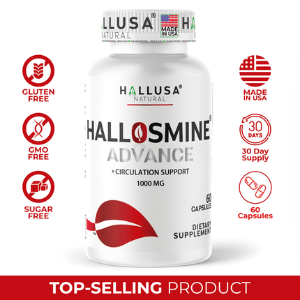 Hallosmine Advance Diosmin 1000mg, Leg Circulation, Heavy Legs, Varicose Veins, Circulatory Supplement, Vein Support & Blood Circulation Supplement - 60 Caps