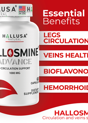 Hallosmine Advance Diosmin 1000mg, Leg Circulation, Heavy Legs, Varicose Veins, Circulatory Supplement, Vein Support & Blood Circulation Supplement - 60 Caps