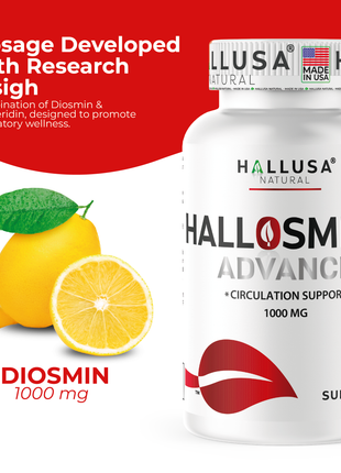 Hallosmine Advance Diosmin 1000mg, Leg Circulation, Heavy Legs, Varicose Veins, Circulatory Supplement, Vein Support & Blood Circulation Supplement - 60 Caps