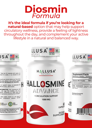 Hallosmine Advance Diosmin 1000mg, Leg Circulation, Heavy Legs, Varicose Veins, Circulatory Supplement, Vein Support & Blood Circulation Supplement - 60 Caps