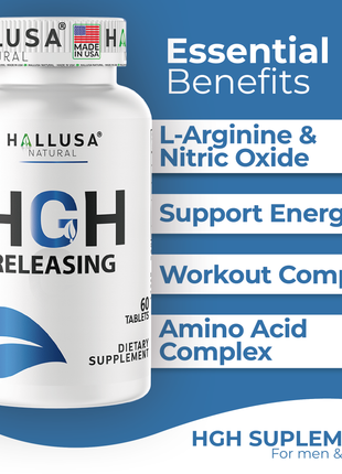 Hallusa Natural Hall HGH Complex - Amino Acid Complex - Muscle & Workout Support - Energy & Recovery Formula - L-Arginine, L-Ornithine, L-Glutamine - 60 Tablets - 30 Day Supply