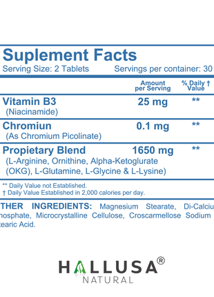 Hallusa Natural Hall HGH Complex - Amino Acid Complex - Muscle & Workout Support - Energy & Recovery Formula - L-Arginine, L-Ornithine, L-Glutamine - 60 Tablets - 30 Day Supply