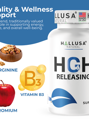 Hallusa Natural Hall HGH Complex - Amino Acid Complex - Muscle & Workout Support - Energy & Recovery Formula - L-Arginine, L-Ornithine, L-Glutamine - 60 Tablets - 30 Day Supply