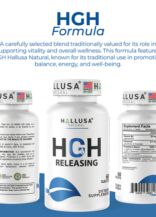 Hallusa Natural Hall HGH Complex - Amino Acid Complex - Muscle & Workout Support - Energy & Recovery Formula - L-Arginine, L-Ornithine, L-Glutamine - 60 Tablets - 30 Day Supply